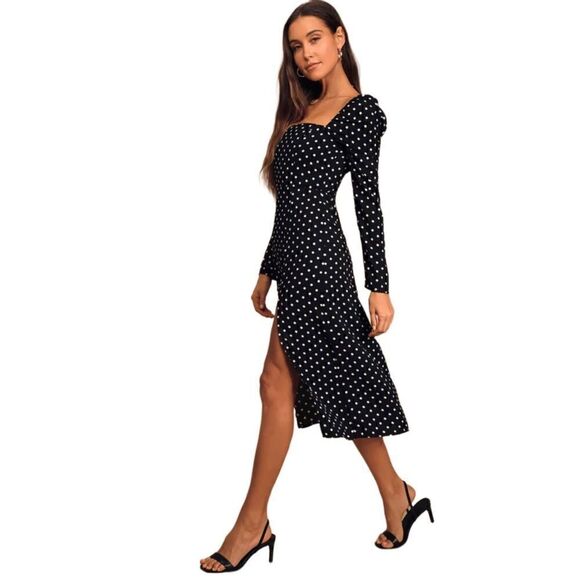 New! Lulus Charmed & Classy Black Polka Dot Midi Dress Sz M - Picture 2 of 6